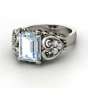  Emerald Heart Ring, Emerald Cut Aquamarine 14K White Gold Ring 