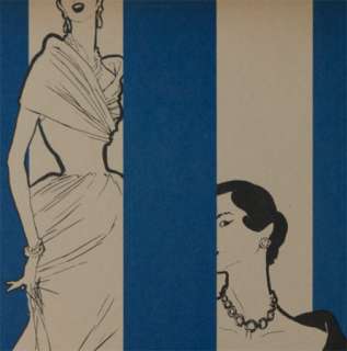 Gorgeous Rene GRUAU ORIGINAL 1951 Linen backed Fashion Print, Blue B/W 