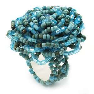  Light Blue Glass Bead Flower Stretch Ring Jewelry