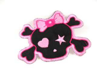 PINK GIRL SKULL HEART BOW PUNK ROCKABILLY IRON ON PATCH  