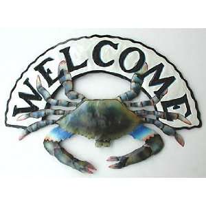  Nautical Blue Crab Welcome Sign   Painted Metal   14 x 20 