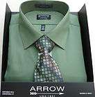 New Men Arrow Fitted Dress Shirt and Tie Set   Olive Green Solid Color 