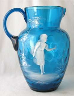 Blue optic double MARY GREGORY art glass pitcher EAPG  