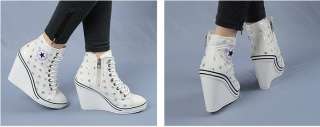 Women Canvas Wedge Heel High Top Sneakers Tennis Shoes Black/White US 