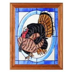 Medium Oak Framed Art Glass Thanksgiving Tom Turkey Window Hanging 