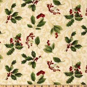  44 Wide Mistletoe Ivy & Berries Cream Fabric By The Yard 