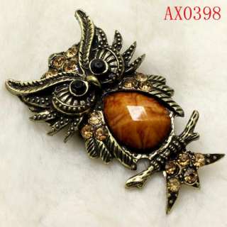 Stylish Brown Crystal Antique Bronze Owl Brooch Free shipping AX0398 