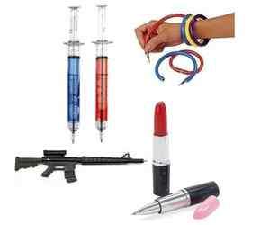   Novelty Pens x 6 Pack Lipsticks, Gun, Syringes, Bangle Pen Free Post