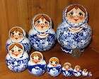 Russian HAND PAINTED ART Babushka nesting 10 doll BLUE WHITE 