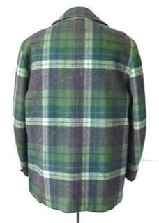   Mens Green Gray Plaid Wool Stadium Barn Car Top Coat Quilted Lining L