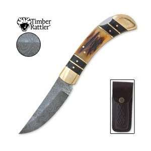  Timber Rattler Damascus Stag Folding Knife: Sports 