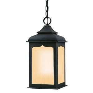   Large Hanging Lantern, Colonial Iron Finish with Amber Mist Glass