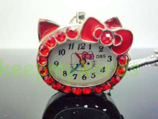 Hello Kitty Red Crystal Pocket Pendant Necklace Watch & Pink Gift Box 