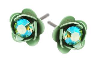 Michal Negrin Green Baby Rose Stud Earrings made with Aqua Crystals 