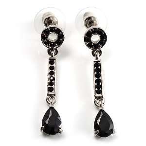  Jet Black CZ Drop Earrings (Silver Tone): Jewelry