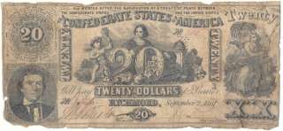1861 Richmond Va. CSA CONFEDERATE $20 Dollar Note  