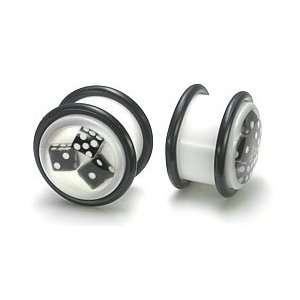 White Plug with Inlay Black Dice   Gauged Ear Body Jewelry   Price Per 