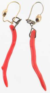 ANTIQUE GORGEOUS RED CORAL BRANCH DROP EARRINGS PRETTY  