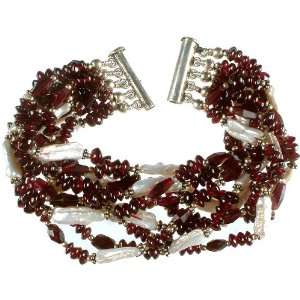 Garnet Bracelet with Rugged Pearl   Sterling Silver