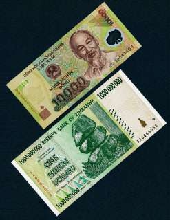 BILLION ZIMBABWE DOLLARS BANKNOTE + 10 THOUSAND VIETNAM DONG 