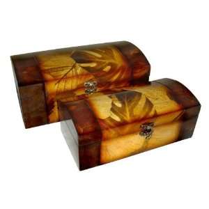   Top Wooden Decorative Boxes w Leaf Design   Set of Two