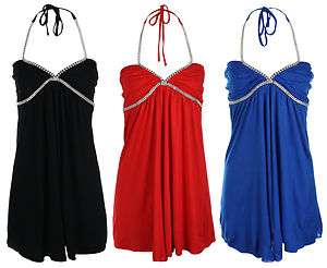   Womens Diamante Embellished Halter Jersey Bodycon Party Top 3 Colours