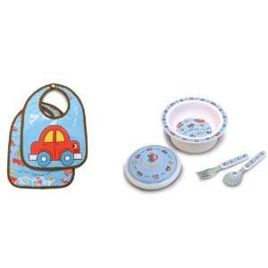   Sugarbooger Covered Bowl, Silverware, and 2 Bibs Set Vroom Cars Baby