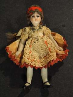 Antique German Bisque Paperweight Eyes 3 7/8 Original Dress Dollhouse 