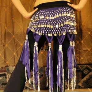    Tassel belly dance scarf Purple with silver coins 