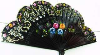 Wedding Party Wedding Summer Wood Hand Painted Floral Fan Black NEW 