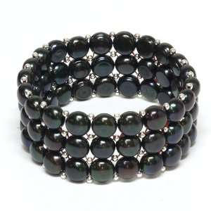  Stretchy Black Freshwater Pearl 3 Row Bracelet Bangle 9mm 