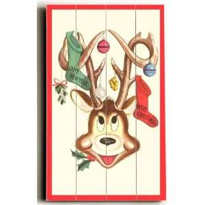  Wood Sign: Merry Christmas, Stockings in Cartoon Deers 