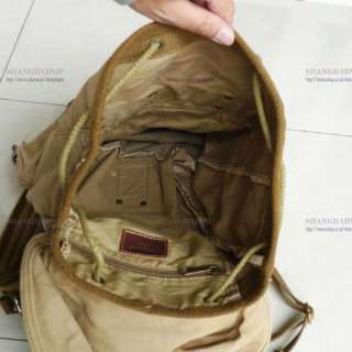 Khaki Retro Canvas Rucksack Backpack Bag Travel Leather Strap Army 