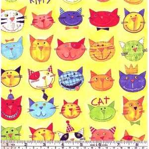  45 Wide Cats On The Loose Funny Faces Canary Fabric By 