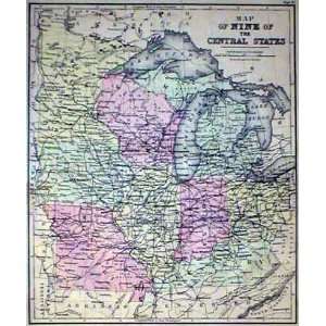   1885 Antique Map of Nine of the Central States