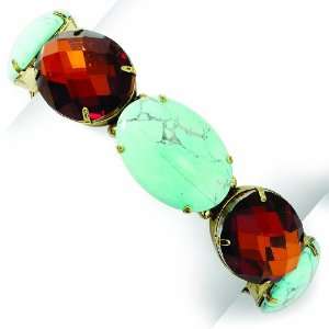   Brass Tone Turquoise/Faceted Sienna Crystal Stretch Bracelet Jewelry