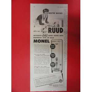 Ruud gas heater, 1950 Print Ad (woman/washer.) Orinigal Vintage Post 
