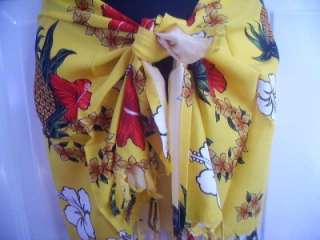 SARONG FLORAL SHORT COVER UP SCARF FRINGE GOLD RED PINEAPPLE XS S M 