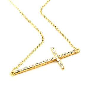  Designer Inspired Sideway Crystal Goldtone Cross Necklace 