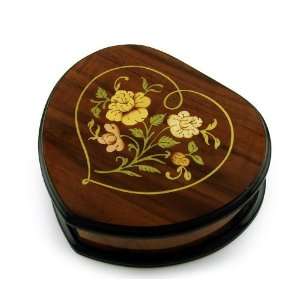   Wood Tone Heart Shaped Floral Inlay Music Jewelry Box: Kitchen