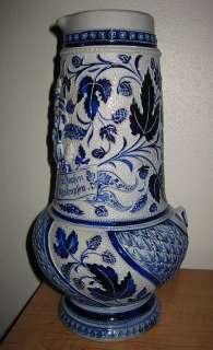 Antique Salt Glaze Stoneware Pitcher w/Cobalt Blue Floral Spray  