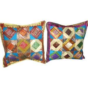  2 Deep Azure Sari Zari Borders Toss Pillow Cushion Covers 