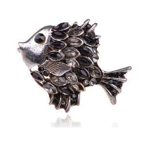   Black Scales Silver Brass Tone Black Rhinestone Fat Fish Ring Jewelry