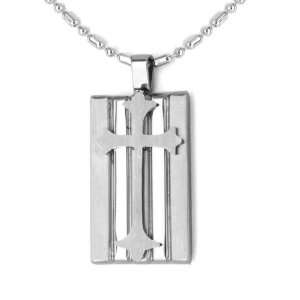  Stainless Steel Raised Cross Dog Tag Necklace Jewelry