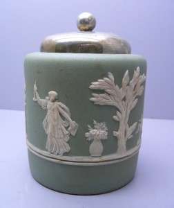 Antique wedgwood Sage Green jasperware sugar jar / jam pot  