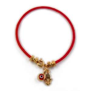 Leather Vermeil Red Evil Eye and Hamsa Kabbalah Bracelet, 7 inches by 