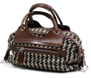 Marni Wool Black/White/Gray Hounds Tooth Woolen Handbag Brown Leather 