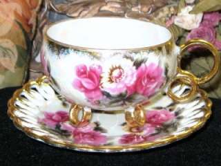 Japan SEALY IRIDESCENT & ROSES 3 FOOTED Tea Cup and Saucer  