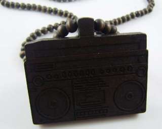 WOODEN BOOMBOX RADIO MUSIC PENDANT CARVED GOOD WOOD STYLE CHAIN 