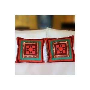  NOVICA Lahu cotton cushion covers, Red Vortex (pair 